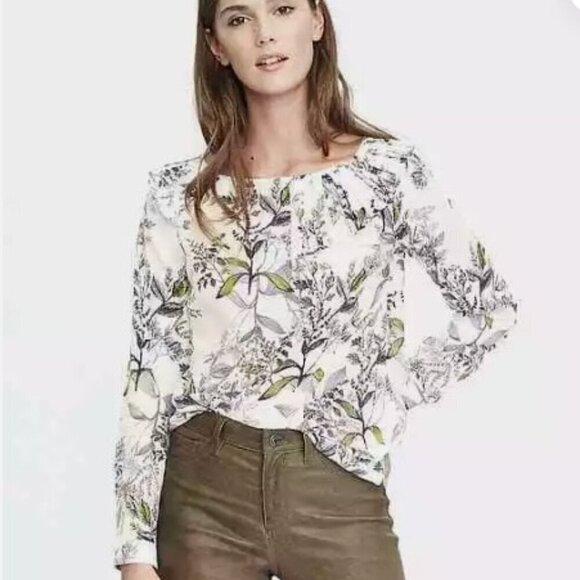 Banana Republic Tops - Banana Republic Asymmetrical Pleated Collar Long Sleeve Blouse Floral Petite M